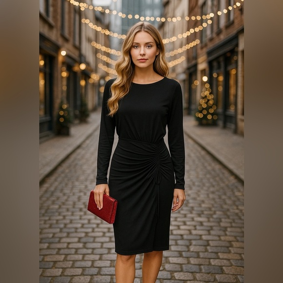 🖤 Lumière Black Long Sleeve Ruched Midi Dress | Size M | NWT - Picture 1 of 9